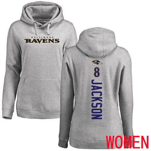 Baltimore Ravens Ash Women Lamar Jackson Backer NFL Football 8 Pullover Hoodie Sweatshirt